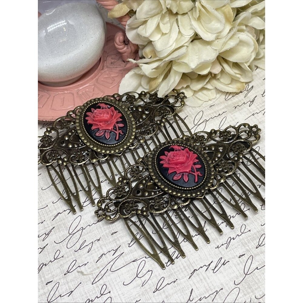 Pair Bronze Barrette Jewelry Hair Combs Cameo Black Red Goth Rose Wedding Punk